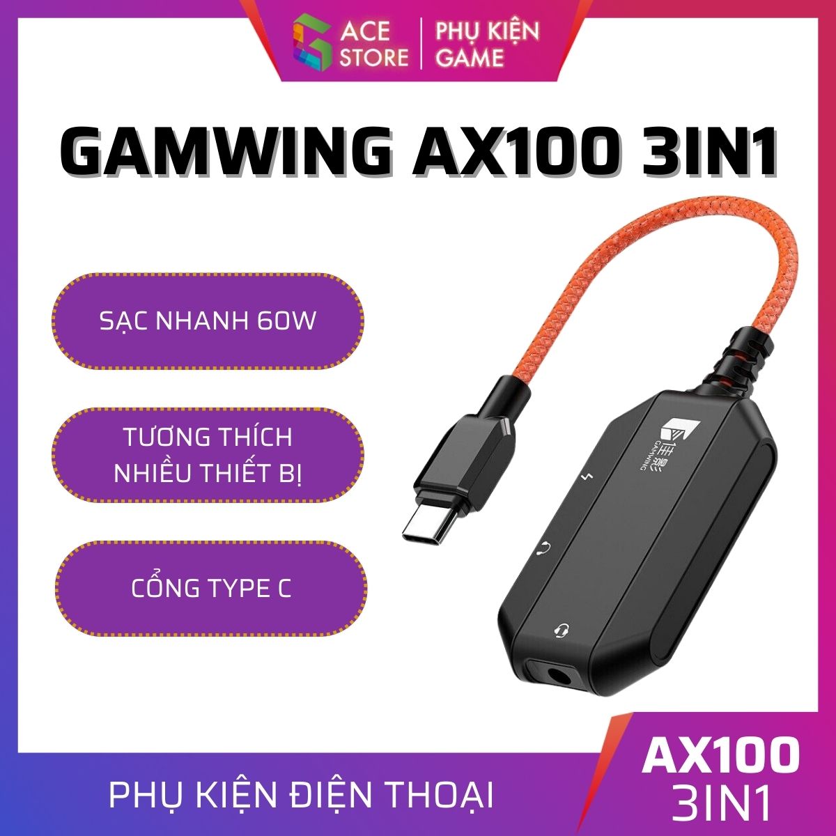 GAMWING AX100 3IN1 | Hub chuyển đổi đa năng hỗ trợ sac nhanh 60W | cổng tai nghe type C và 3.5mm
