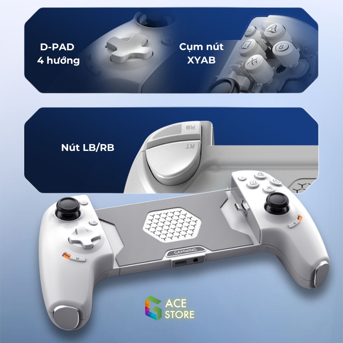 Tay cầm chơi game Gamwing AB01 - Máy chơi game hỗ trợ đa nền tảng với sạc nhanh và jack tai nghe 3.5mm cho Switch, Android, iOS, PC | Gace Store