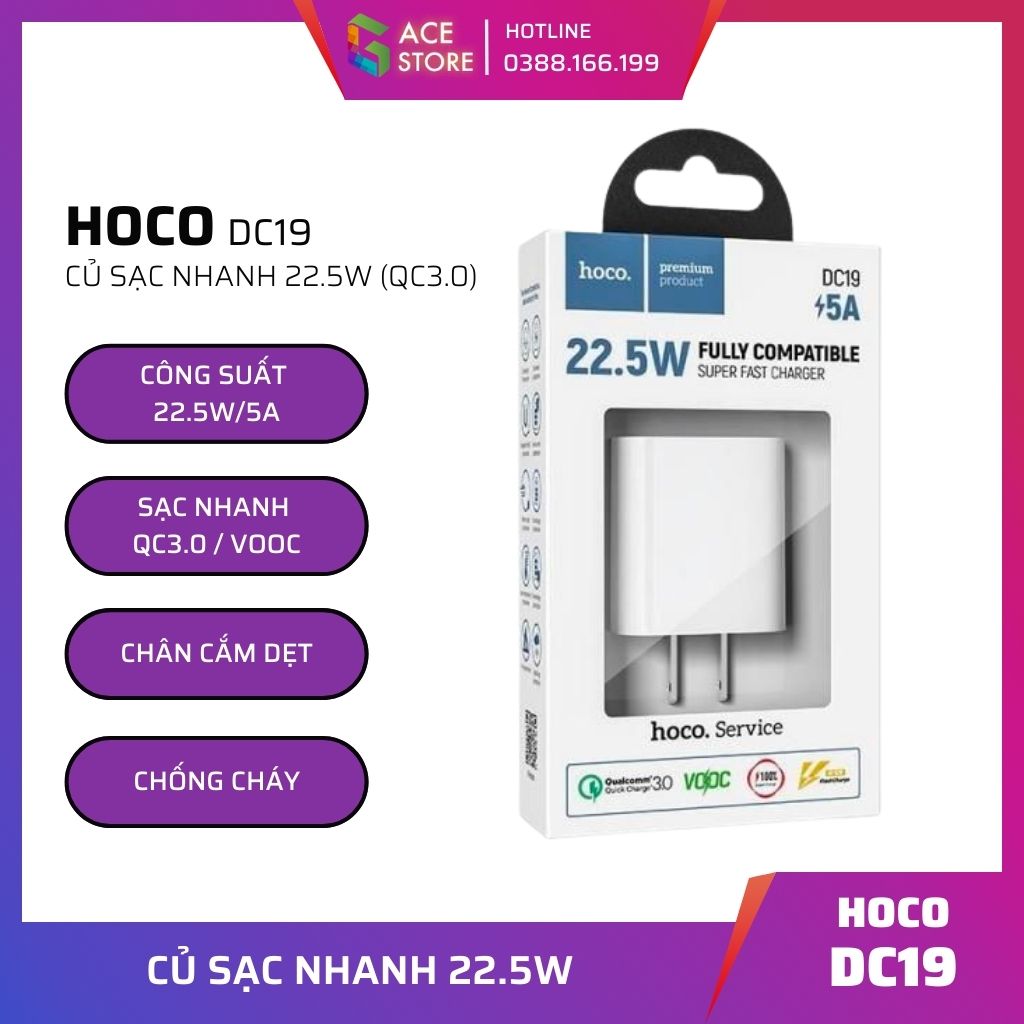 Củ Sạc Nhanh Hoco DC19 Công Suất 22.5W Hỗ trợ QC 3.0 VOOC