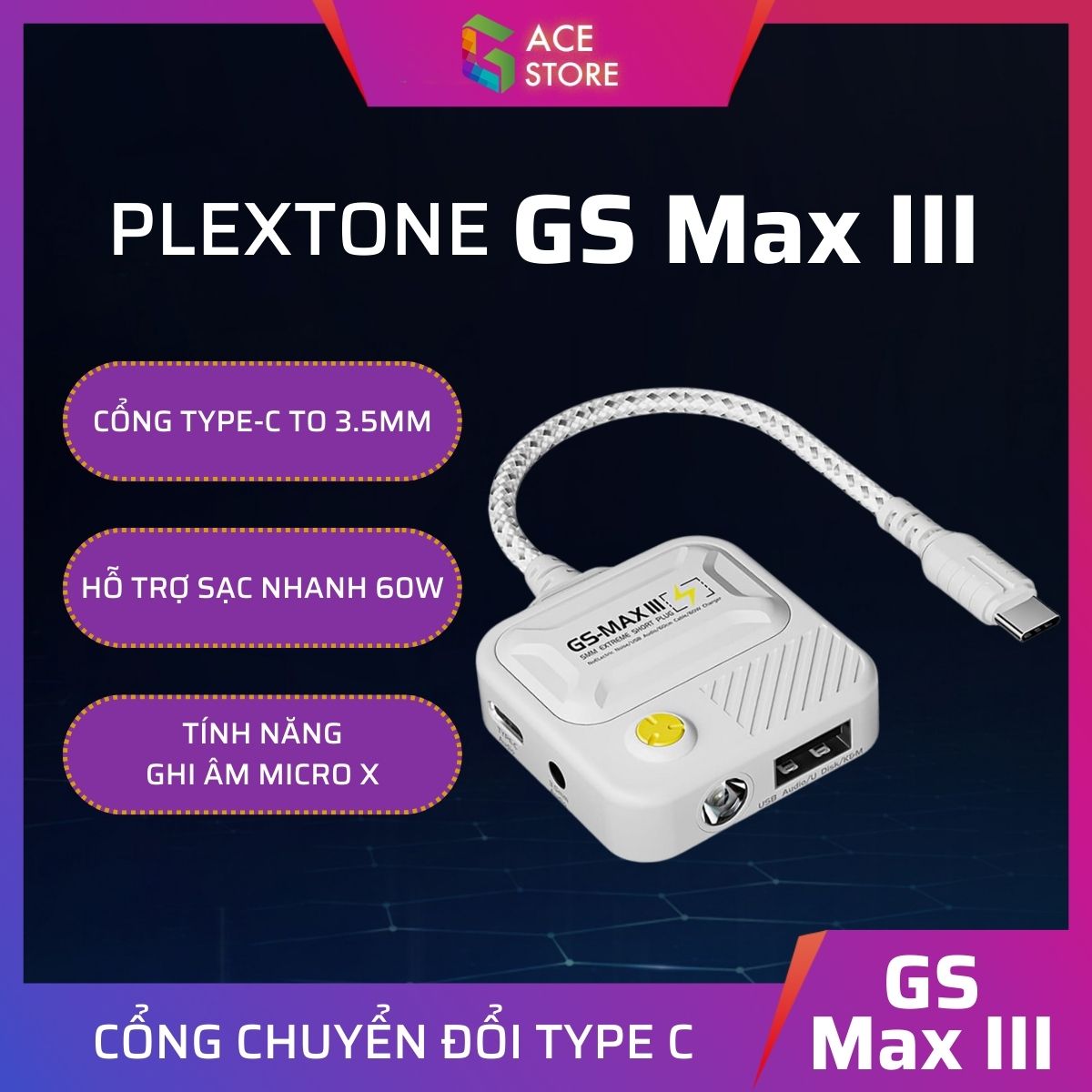 Cáp chuyển đổi Plextone GS Max Pro III 4in1 đầu Type C sang 3.5mm hỗ trợ sạc nhanh 60W