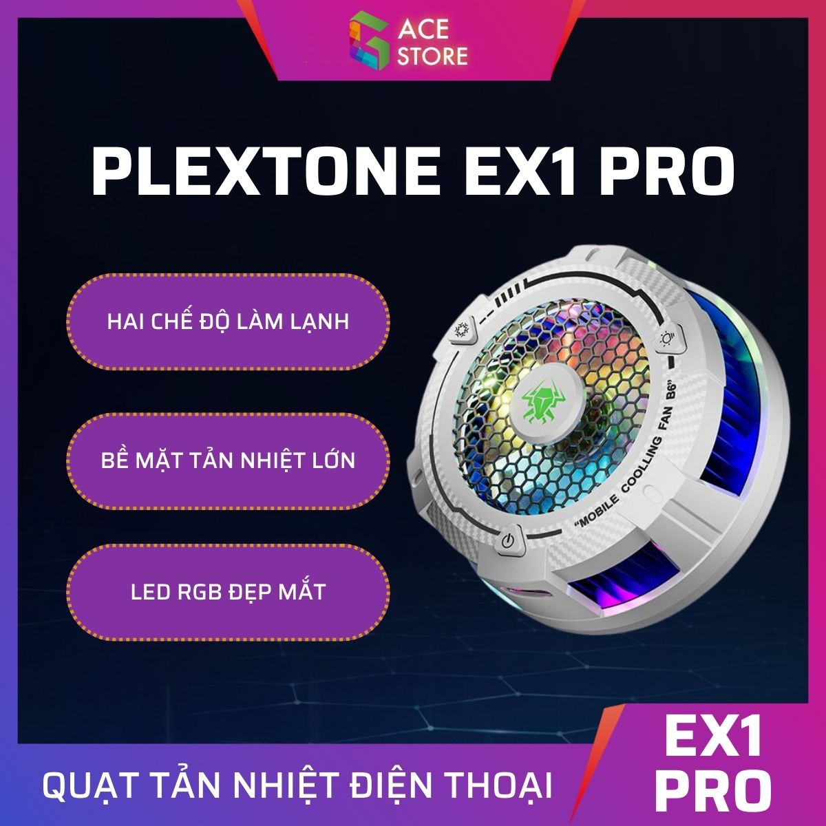 Plextone EX1 PRO | Quạt tản nhiệt từ tính dành cho điện thoại và máy tính bảng 2 chế độ làm lạnh Led RGB