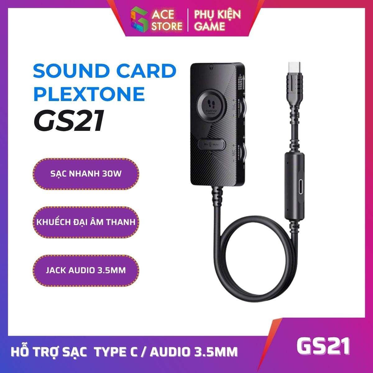 Sound Card Plextone GS21 | Hỗ trợ sạc 30w và tai nghe 3.5mm
