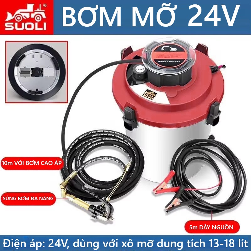 Máy bơm mỡ điện 24V Suoli SL-KLR-24V, gắn xô mỡ