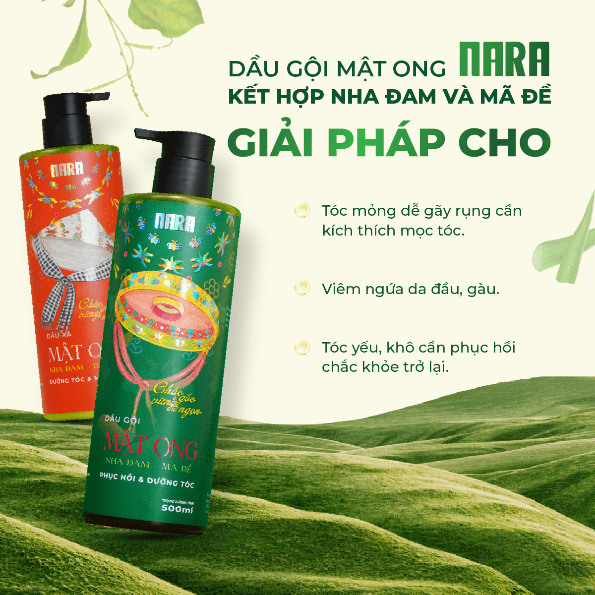 Bộ Đôi Dầu Gội NARA Mật Ong 500ML Kích Thích Mọc Tóc, Sạch Gàu, Nấm Ngứa, Loại Bỏ Dầu Thừa Và Phục Hồi Tóc Hư Tổn