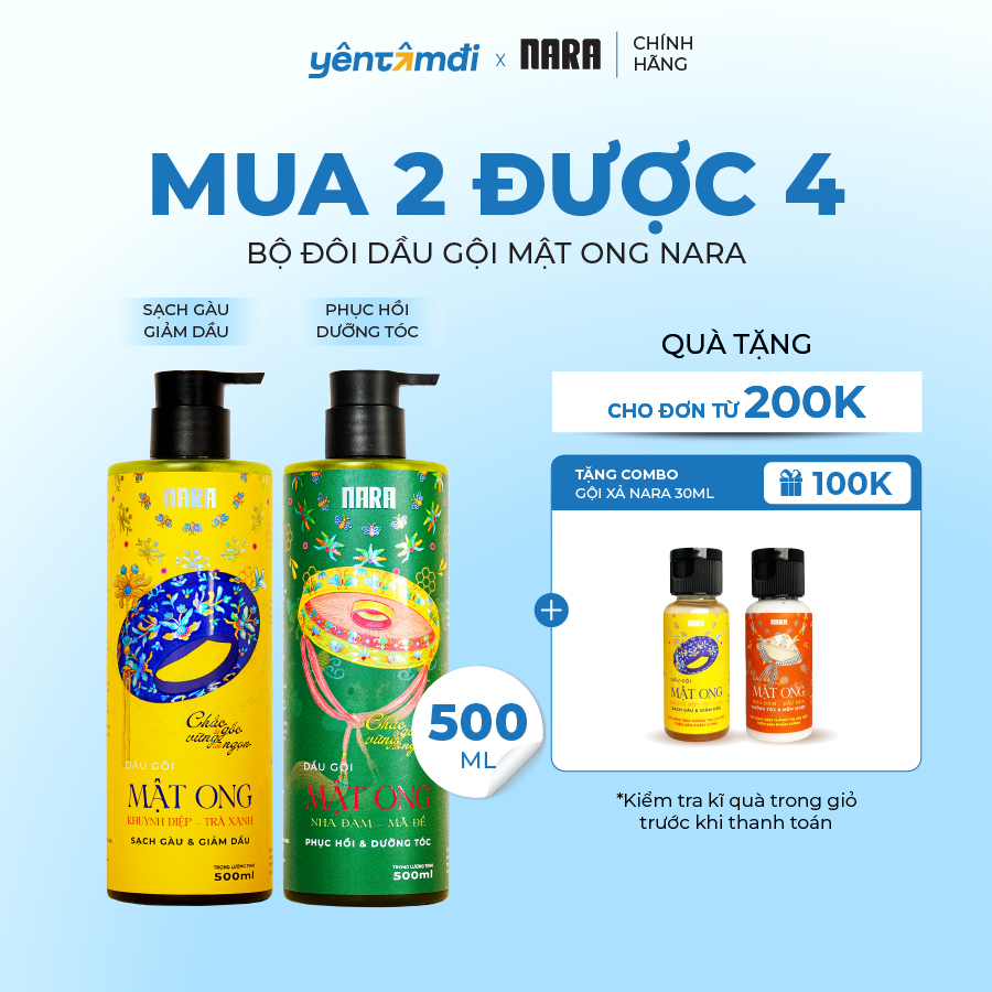 Bộ Đôi Dầu Gội NARA Mật Ong 500ML Kích Thích Mọc Tóc, Sạch Gàu, Nấm Ngứa, Loại Bỏ Dầu Thừa Và Phục Hồi Tóc Hư Tổn