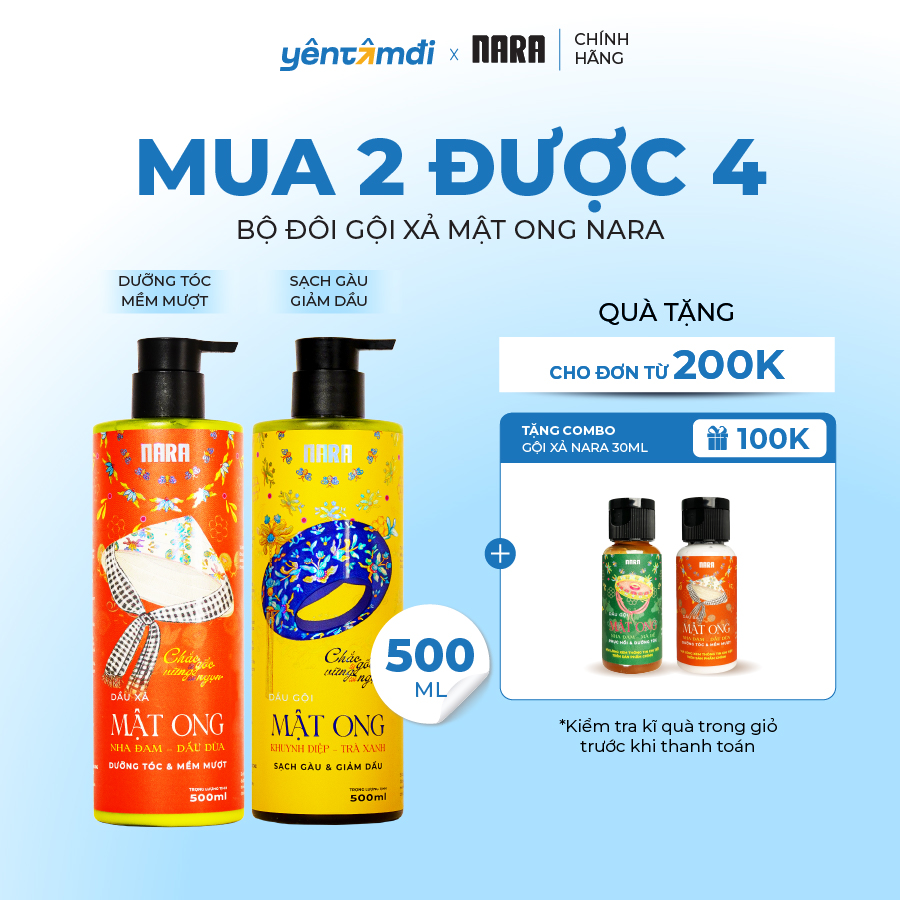 Bộ Đôi Gội Xả Mật Ong NARA 500ML Hỗ Trợ Mọc Tóc, Phục Hồi Hư Tổn Và Cải Thiện Tình Trạng Gàu Ngứa