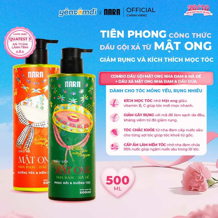 Bộ Đôi Gội Xả Mật Ong NARA 500ML Hỗ Trợ Mọc Tóc, Phục Hồi Hư Tổn Và Cải Thiện Tình Trạng Gàu Ngứa