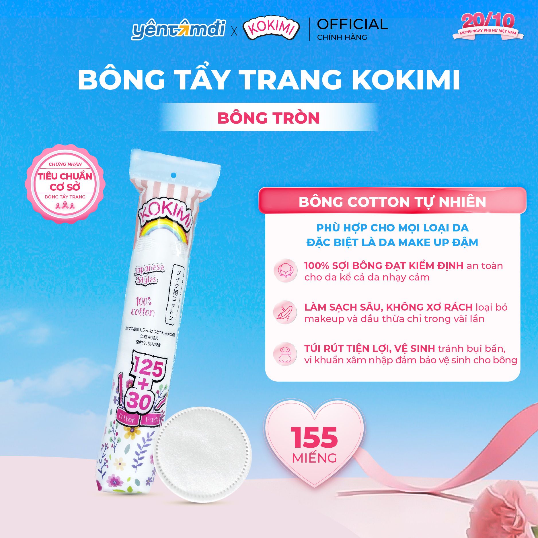Bông tẩy trang Kokimi túi 155 miếng tròn