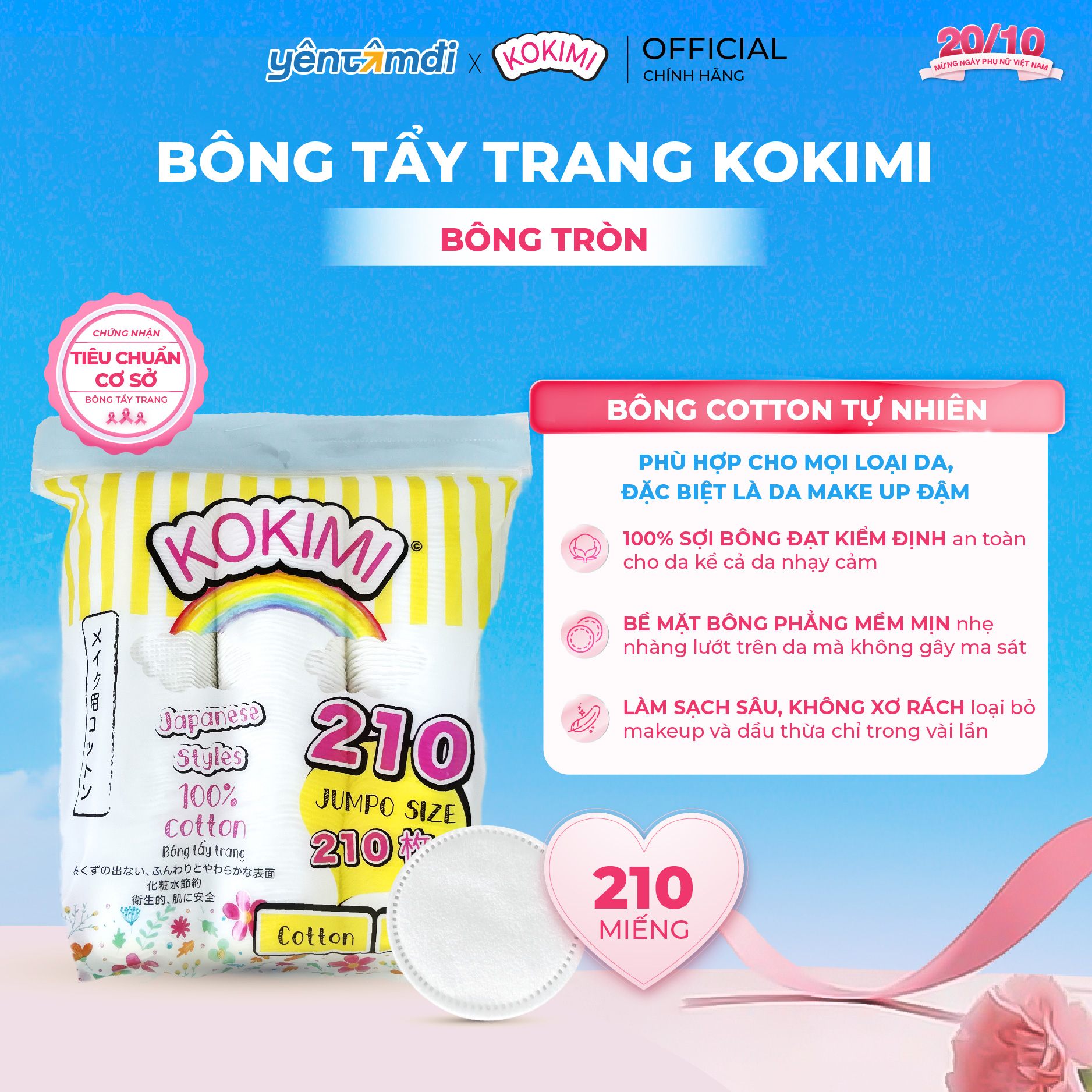Bông tẩy trang Kokimi túi 210 miếng tròn