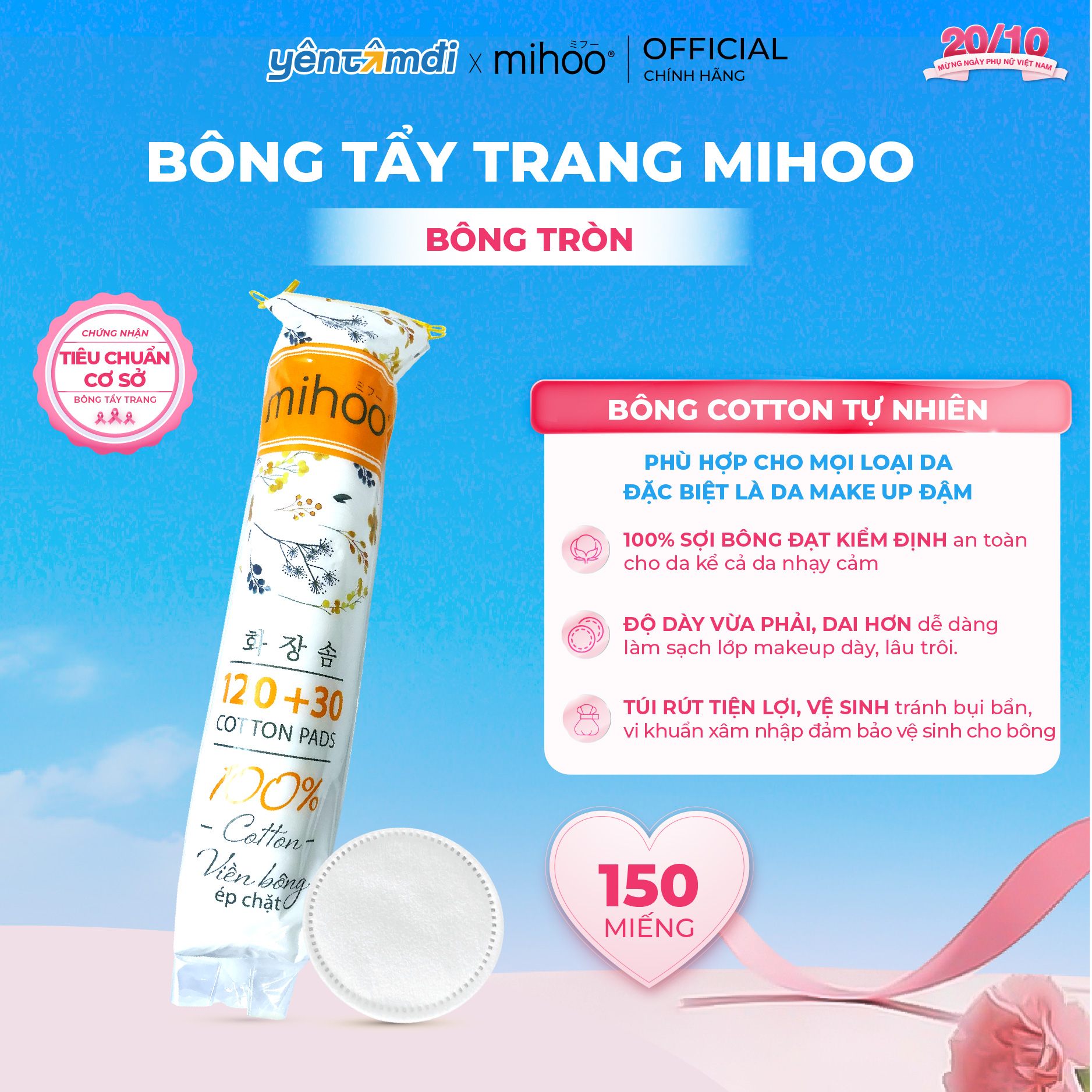 Bông tẩy trang Mihoo túi 150 miếng tròn