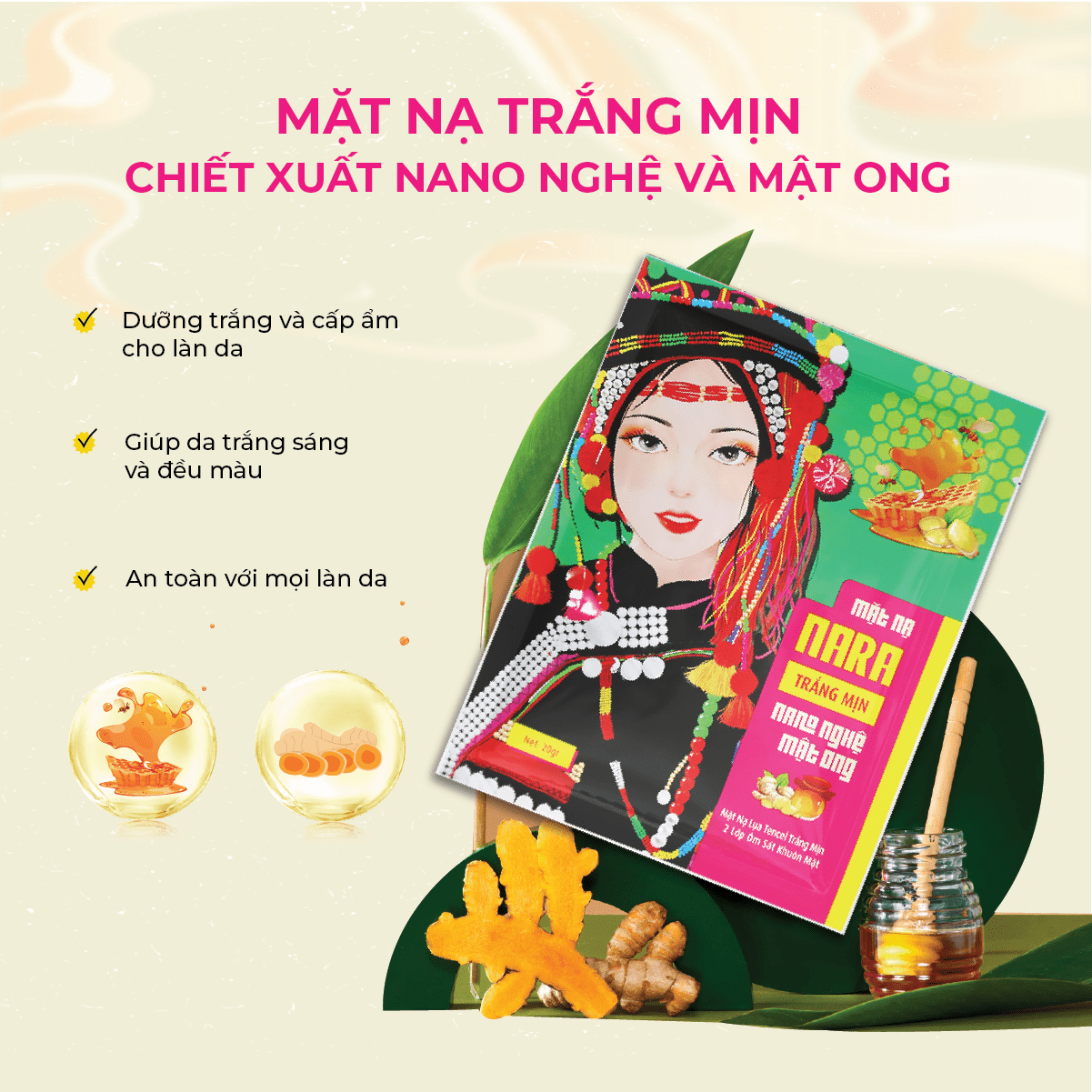 Mặt Nạ Lụa Dưỡng Trắng Cấp Ẩm Da NARA Nano Nghệ Mật Ong
