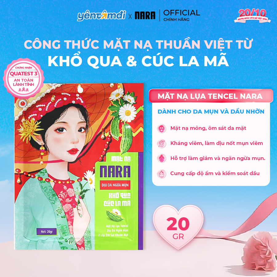 Mặt Nạ Lụa Giảm Mụn Mờ Thâm Dịu Da NARA Khổ Qua Cúc La Mã