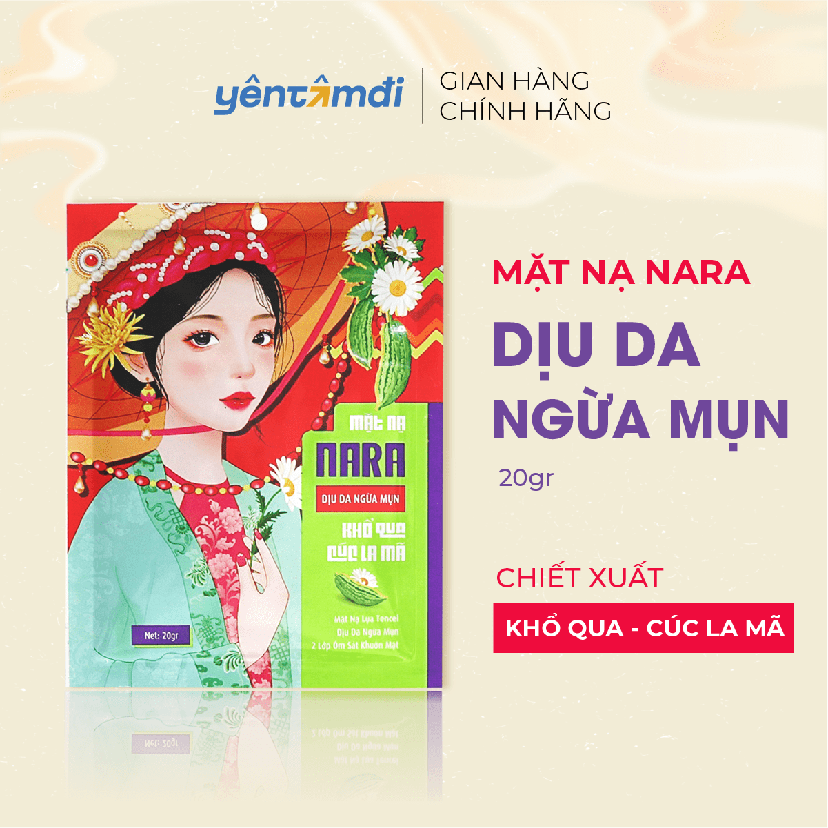 Mặt Nạ Lụa Giảm Mụn Mờ Thâm Dịu Da NARA Khổ Qua Cúc La Mã