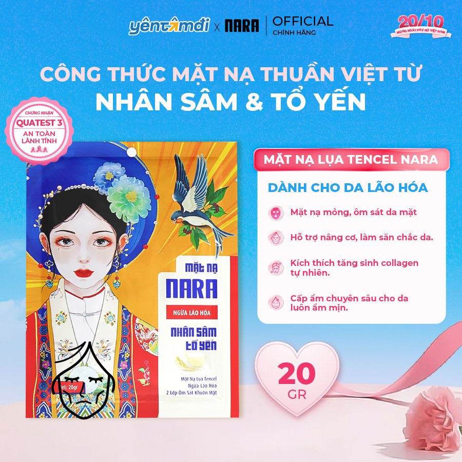 Mặt Nạ Lụa Trẻ Hoá Cấp Ẩm Da NARA Nhân Sâm Tổ Yến