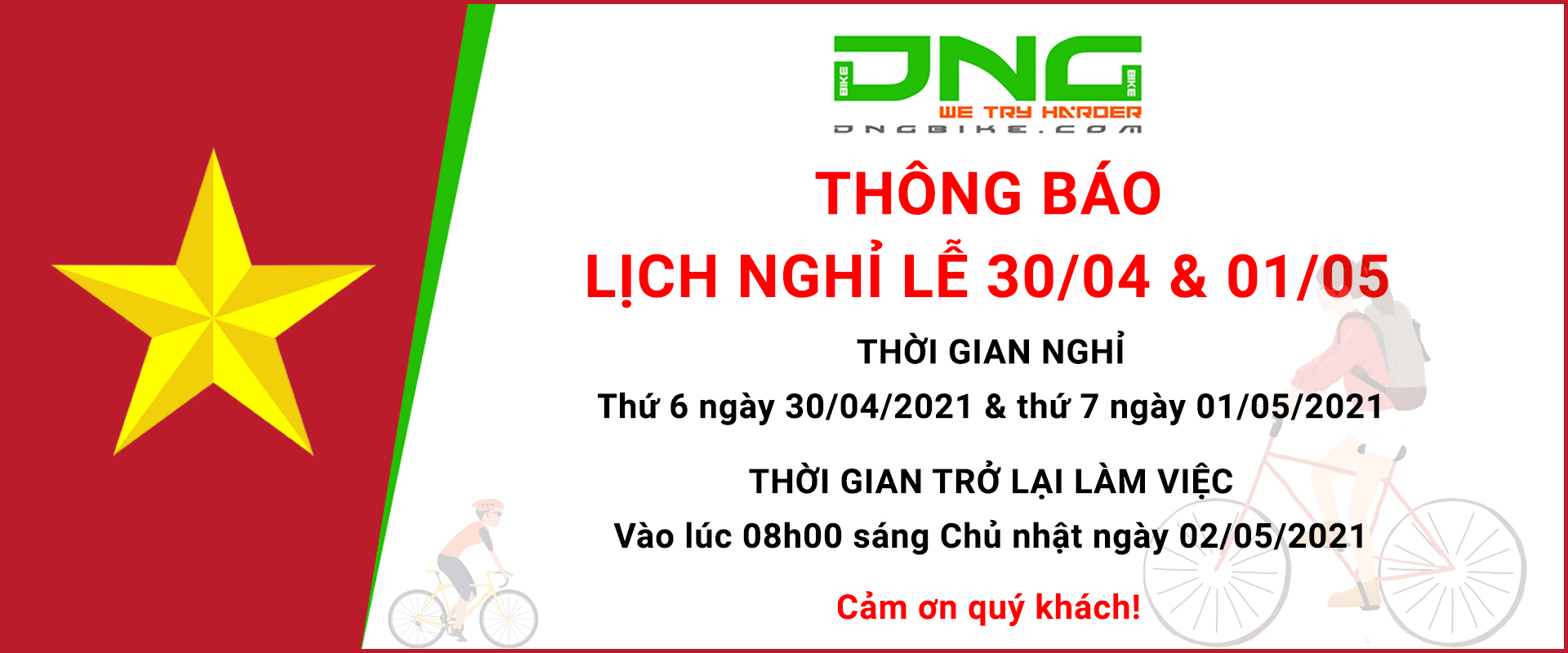 DNGBIKE thông báo lịch nghỉ lễ 30/4 - 1/5/2021