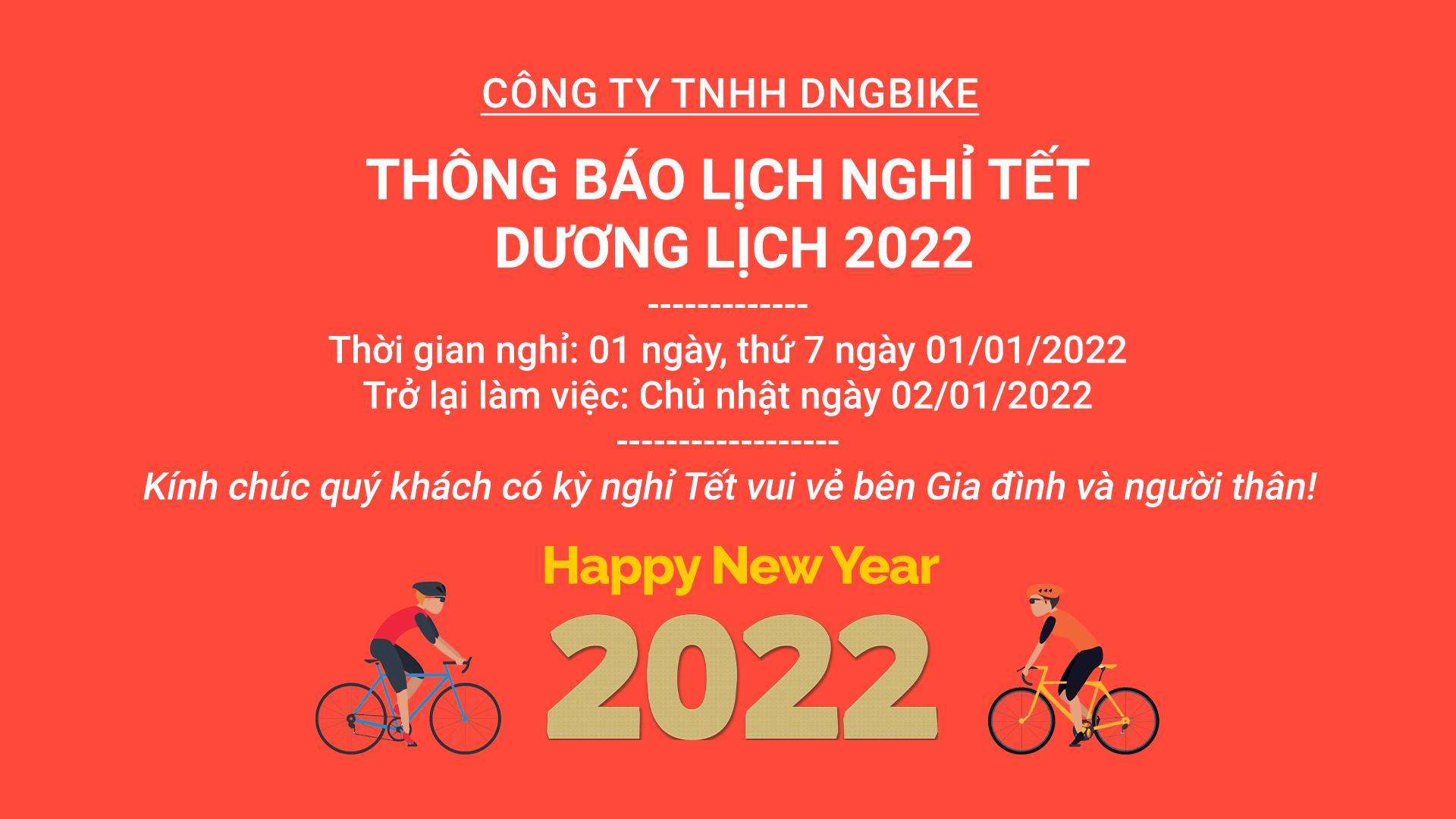 DNGBIKE thông báo lịch nghỉ tết Dương lịch 2022