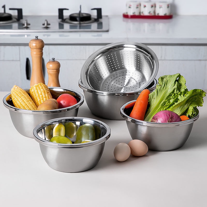 Bộ 5 Thau Rổ Inox Rửa Rau Củ Quả Có Thể Dùng Làm Bát Trộn Salad Dày Dặn Siêu Tiện Dụng Cho Nhà Bếp