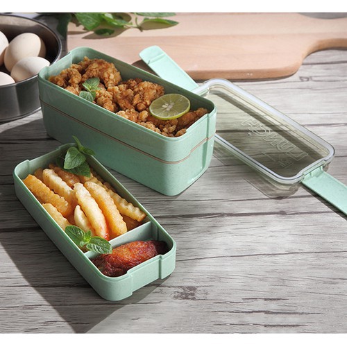 Hộp Cơm Văn Phòng Bằng Nhựa Lúa Mạch Chia 3 Tầng Chống Tràn Dùng Được Trong Lò Vi Sóng - Hộp Cơm 3 Tầng Hình Chữ Nhật