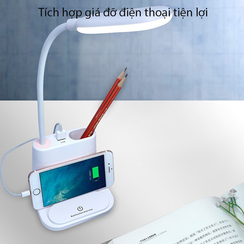 [Free Ship] Đèn Học Tích Điện Có Cổng Usb, Có Ống Cắm Bút Và Giá Đỡ Điện Thoại, ĐèN Học Led Chống Cận Đa Năng 5 In 1