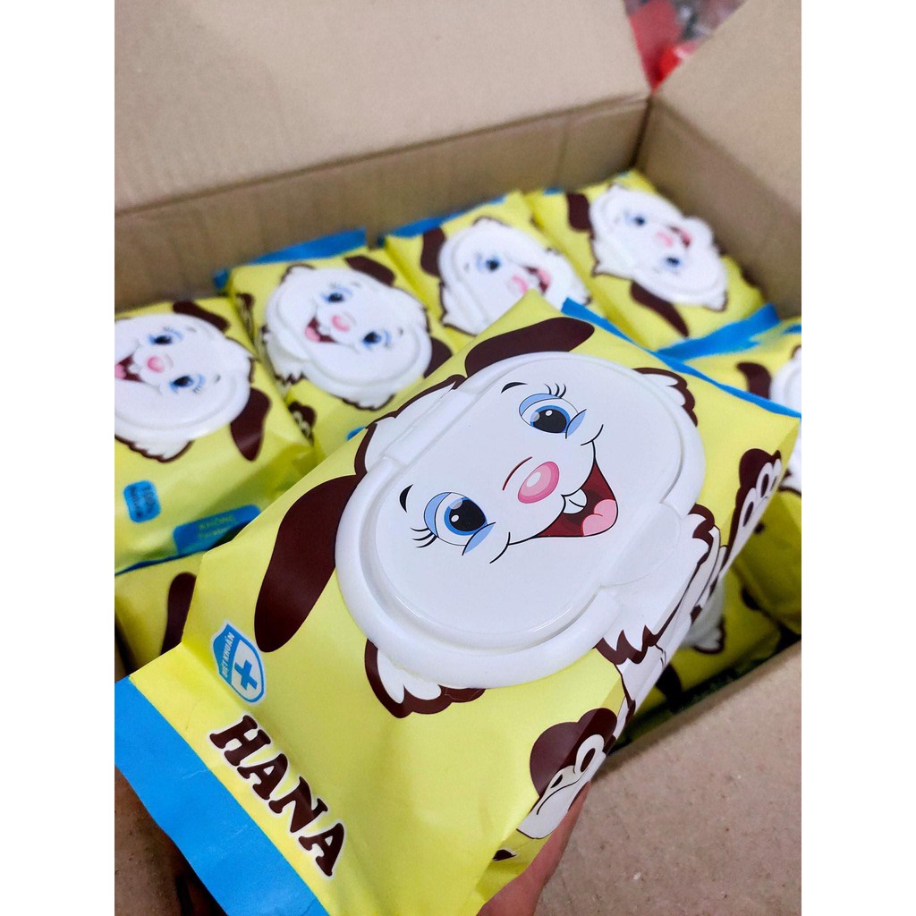 Gói Khăn Ướt Hana Hình Chú Chó, Giấy Ướt Đa Năng Không Mùi An Toàn (Gói 100 Tờ)