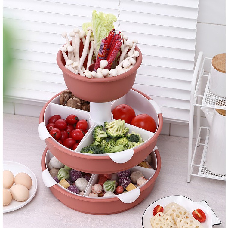 Khay Nhựa 👉[Freeship]👈 Khay 3 Tầng Để Rau Và Thực Phẩm Ăn Lẩu Tiện Dụng Gọn Đế Xoay Tròn Được
