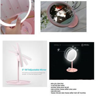 Gương Trang Điểm Tròn Để Bàn Có Đèn Led Cảm Ứng Cao Cấp Không Cần Pin - 3 Chế Độ Ánh Sáng Siêu Lung Linh