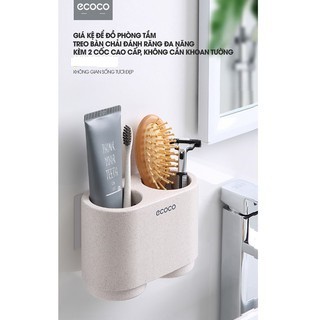 Giá Kệ Để Đồ Phòng Tắm Treo Bàn Chải Đánh Răng Đa Năng Kèm 2 Cốc Lúa Mạch Có Nam Châm Cao Cấp Ecoco, Không Cần Khoan