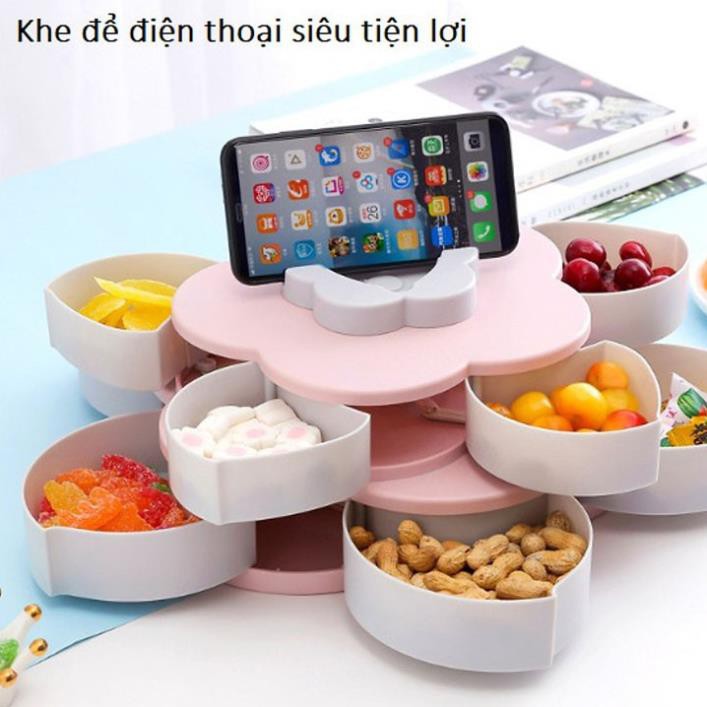 Khay Đựng Mứt Kẹo 10 Cánh Tự Xoay 2 Tầng Kèm Giá Đỡ Điện Thoại