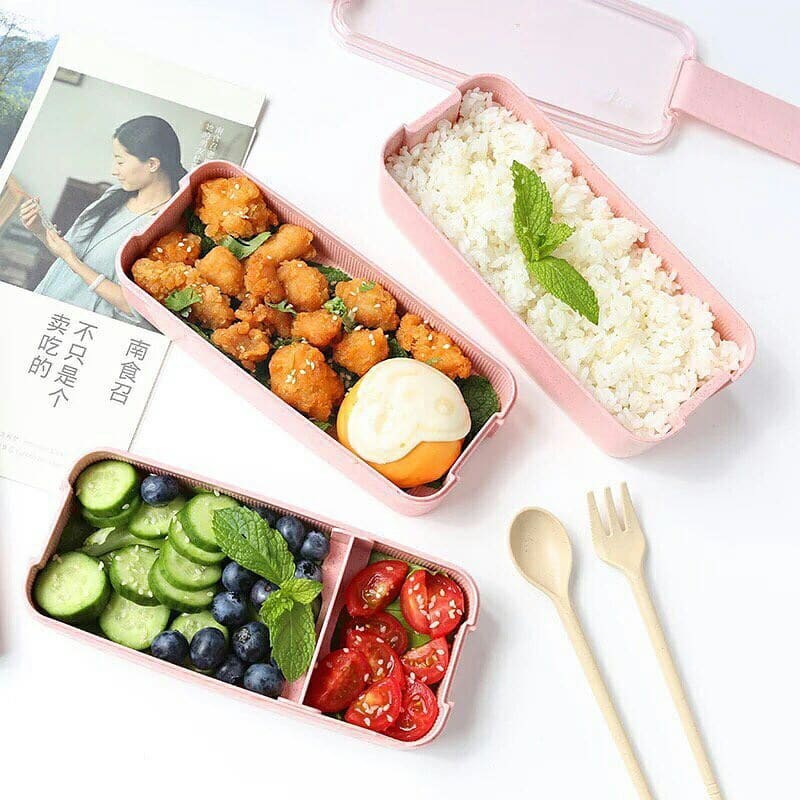 Hộp Cơm Văn Phòng Bằng Nhựa Lúa Mạch Chia 3 Tầng Chống Tràn Dùng Được Trong Lò Vi Sóng - Hộp Cơm 3 Tầng Hình Chữ Nhật