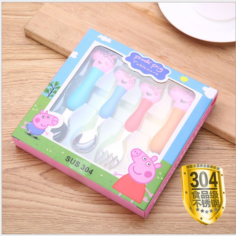 Bộ 4 Món Thìa Dĩa Inox Xuất Nhật Dành Cho Trẻ Em Ăn Dặm Có Cán Nhựa Pp An Toàn Tạo Hình Heo Pepa Cực Cute