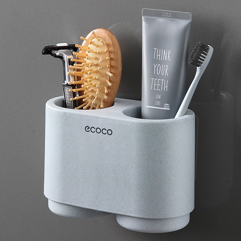 Giá Kệ Để Đồ Phòng Tắm Treo Bàn Chải Đánh Răng Đa Năng Kèm 2 Cốc Lúa Mạch Có Nam Châm Cao Cấp Ecoco, Không Cần Khoan
