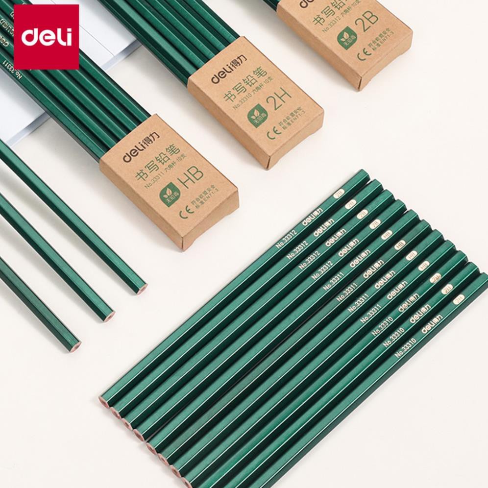 Bút Chì [Free Ship] Bút Chì Lục Giác Deli - Loại 2B/Hb - 10 Chiếc/Hộp - 33311 / 33312