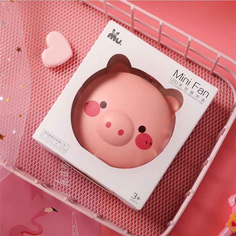 Gương Đèn Kèm Quạt Hình Chú Lợn Cẩm Tay Siêu Dễ Thương
