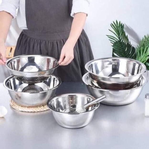 Bộ 5 Thau Rổ Inox Rửa Rau Củ Quả Có Thể Dùng Làm Bát Trộn Salad Dày Dặn Siêu Tiện Dụng Cho Nhà Bếp