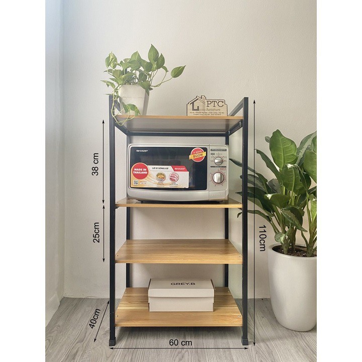 Kệ Lò Vi Sóng | Kệ Lò Nướng 4 Tầng Khung Sắt | Sàn Gỗ Cực Chắc Chắn