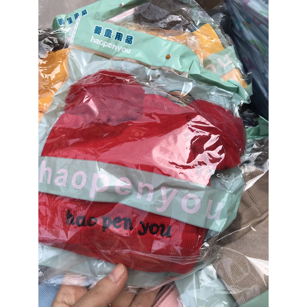Mũ Len ♥️Freeship♥️ Set Khăn Mũ Len 2 Quả Bông Cho Bé