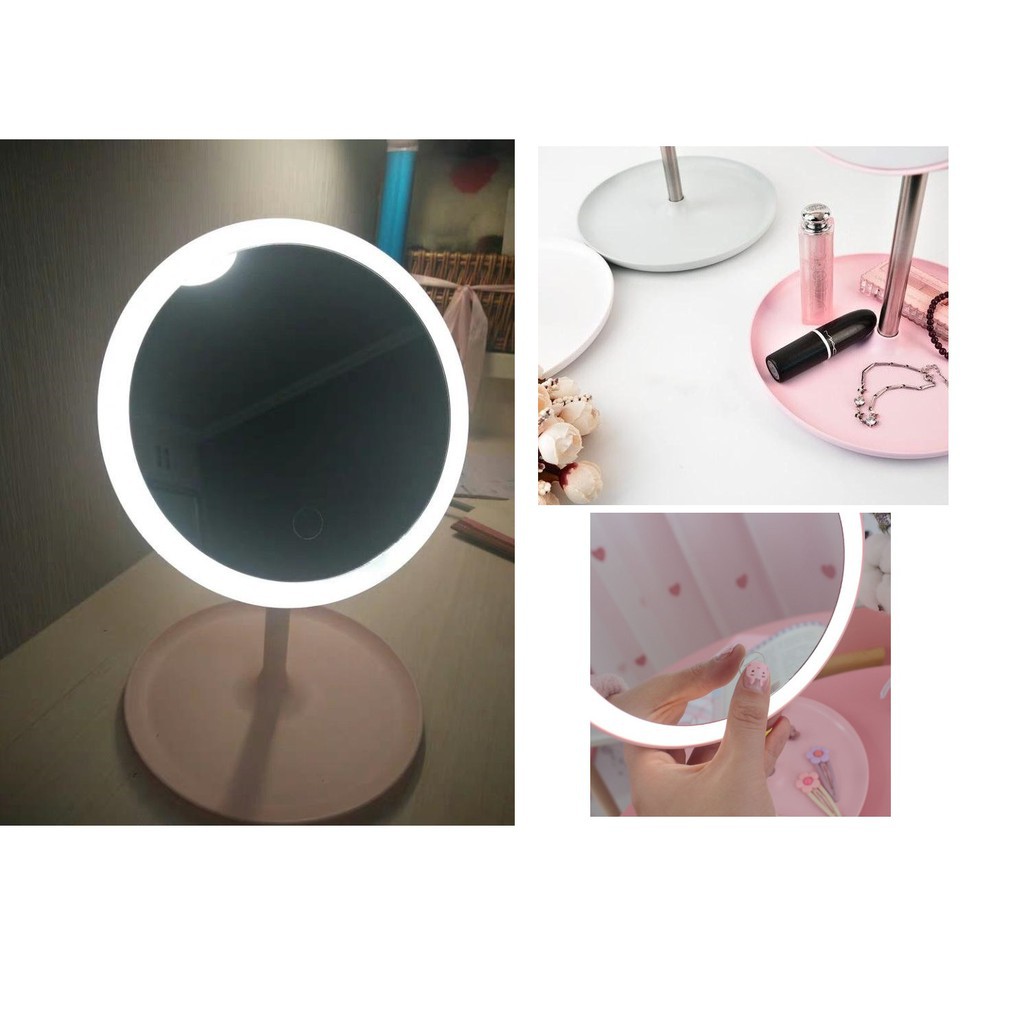 Gương Trang Điểm Tròn Để Bàn Có Đèn Led Cảm Ứng Cao Cấp Không Cần Pin - 3 Chế Độ Ánh Sáng Siêu Lung Linh