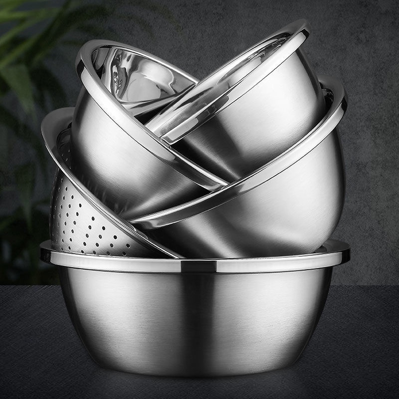 Bộ 5 Thau Rổ Inox Rửa Rau Củ Quả Có Thể Dùng Làm Bát Trộn Salad Dày Dặn Siêu Tiện Dụng Cho Nhà Bếp