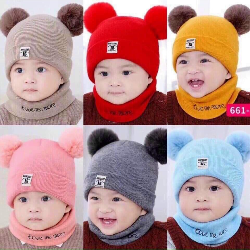 Mũ Len ♥️Freeship♥️ Set Khăn Mũ Len 2 Quả Bông Cho Bé