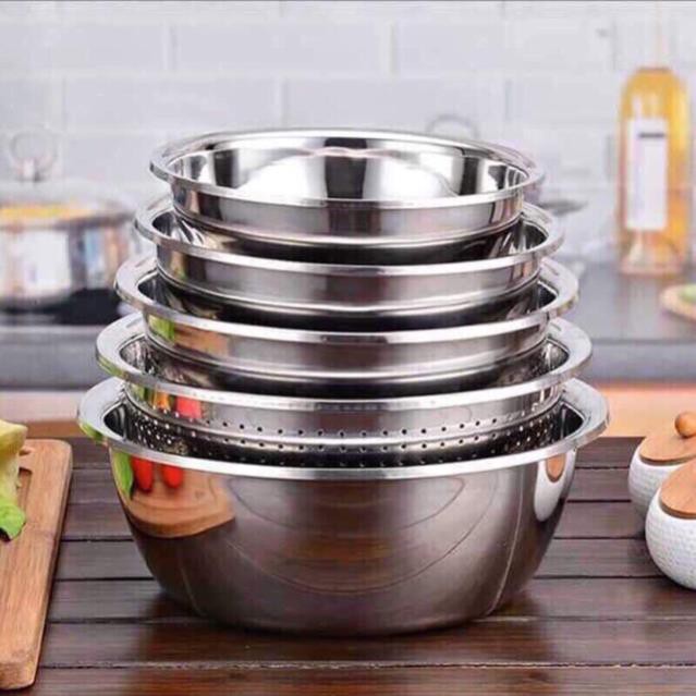 Bộ 5 Thau Rổ Inox Rửa Rau Củ Quả Có Thể Dùng Làm Bát Trộn Salad Dày Dặn Siêu Tiện Dụng Cho Nhà Bếp