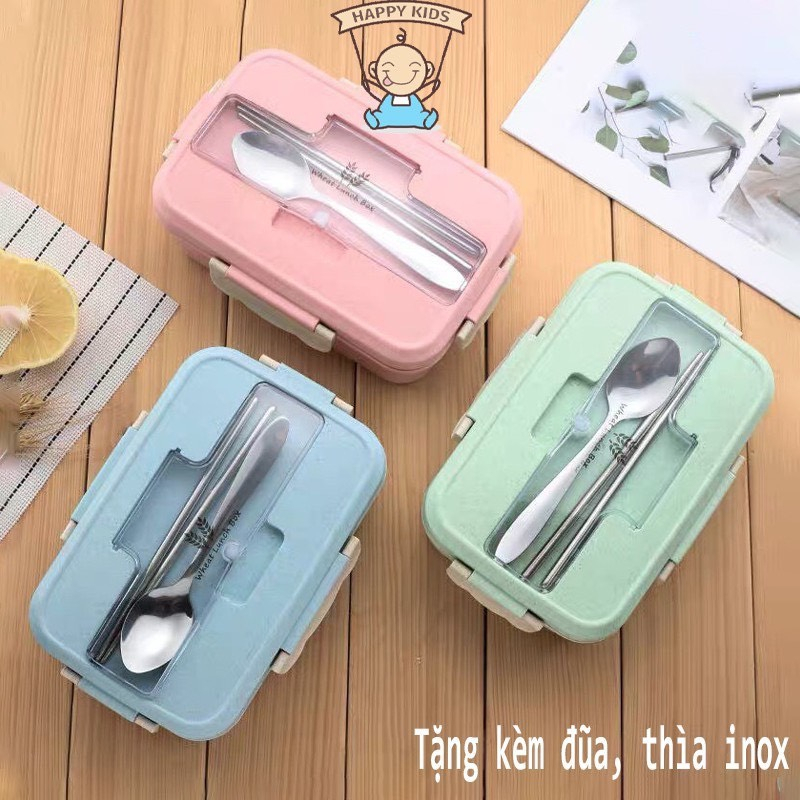 Hộp Cơm Lúa Mạch 1 Tầng 3 Ngăn Kèm Đũa Thìa Inox