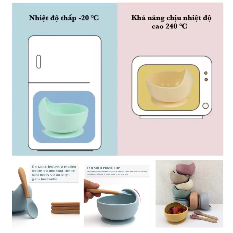 Set Bát Thìa Silicon Đế Bám Dính Chống Trượt Chống Nóng