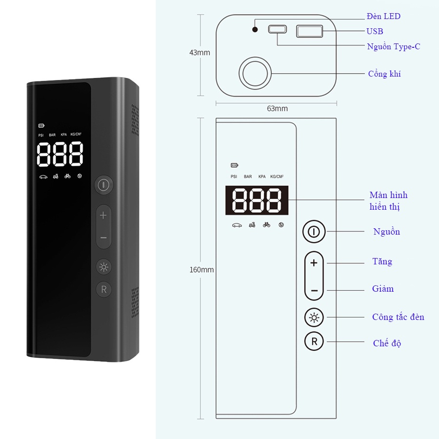 Máy bơm không khí 8000mAh, bơm lốp xe ô tô điện tử