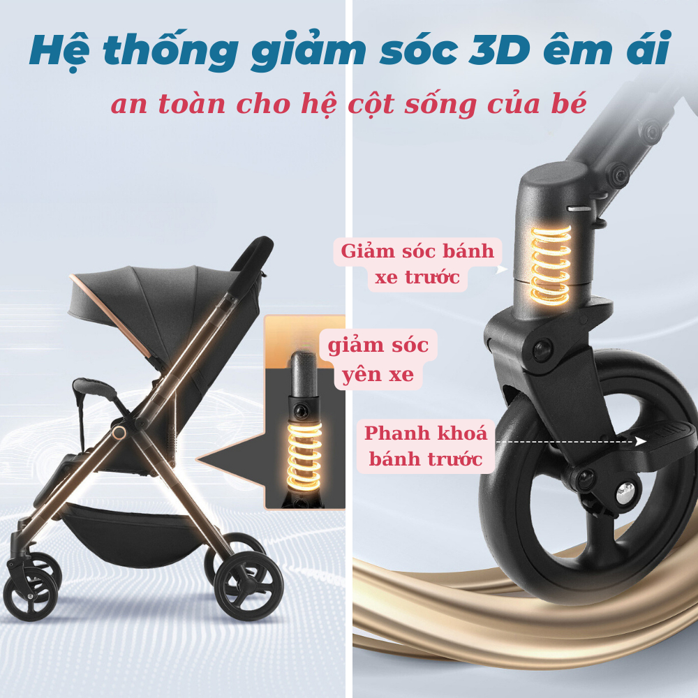 Xe đẩy xếp gọn có giảm sóc, xoay 380 độ, hợp kim nhôm
