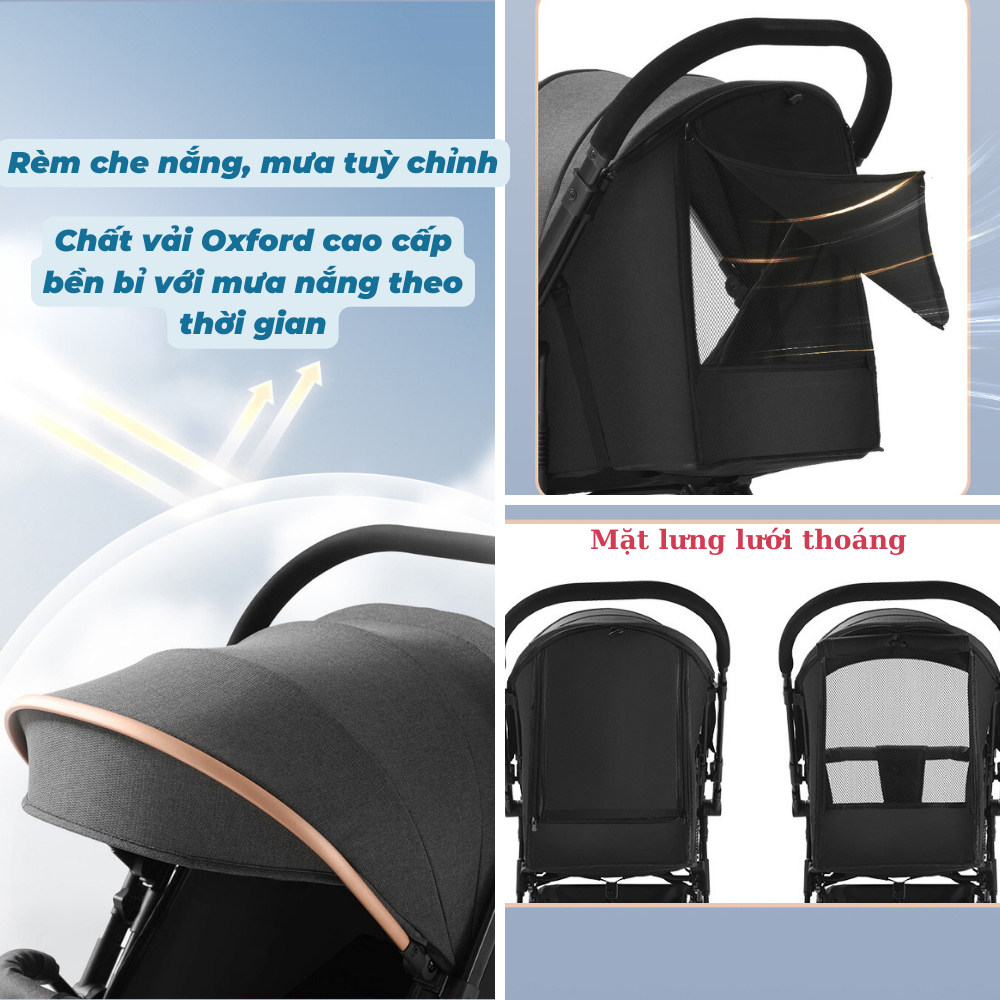 Xe đẩy xếp gọn có giảm sóc, xoay 380 độ, hợp kim nhôm