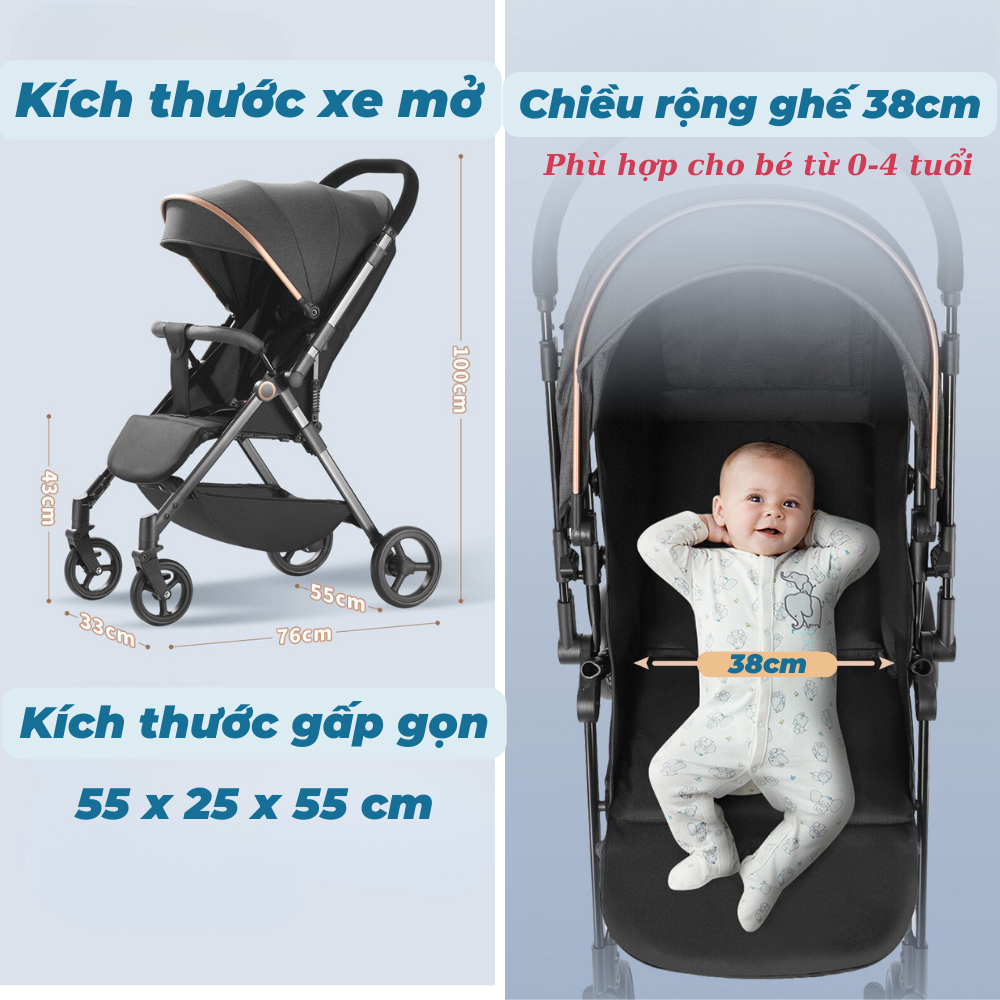Xe đẩy xếp gọn có giảm sóc, xoay 380 độ, hợp kim nhôm