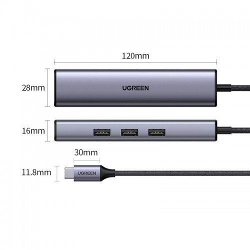 Bộ chuyển đổi USB-C sang 3*USB 3.0 và RJ45 màu xám Ugreen (20920)