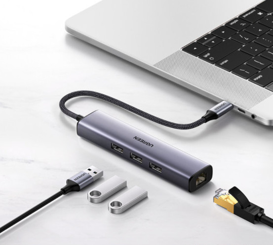 Bộ chuyển đổi USB C sang cổng mạng LAN và 3 USB 3.0 màu xám Ugreen (20932)
