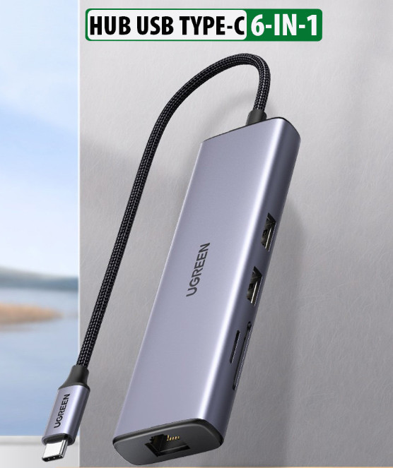 Bộ chuyển đổi USB C sang 2 USB 3.0 + HDMI + RJ45 + SD &TF màu xám Ugreen (20954)