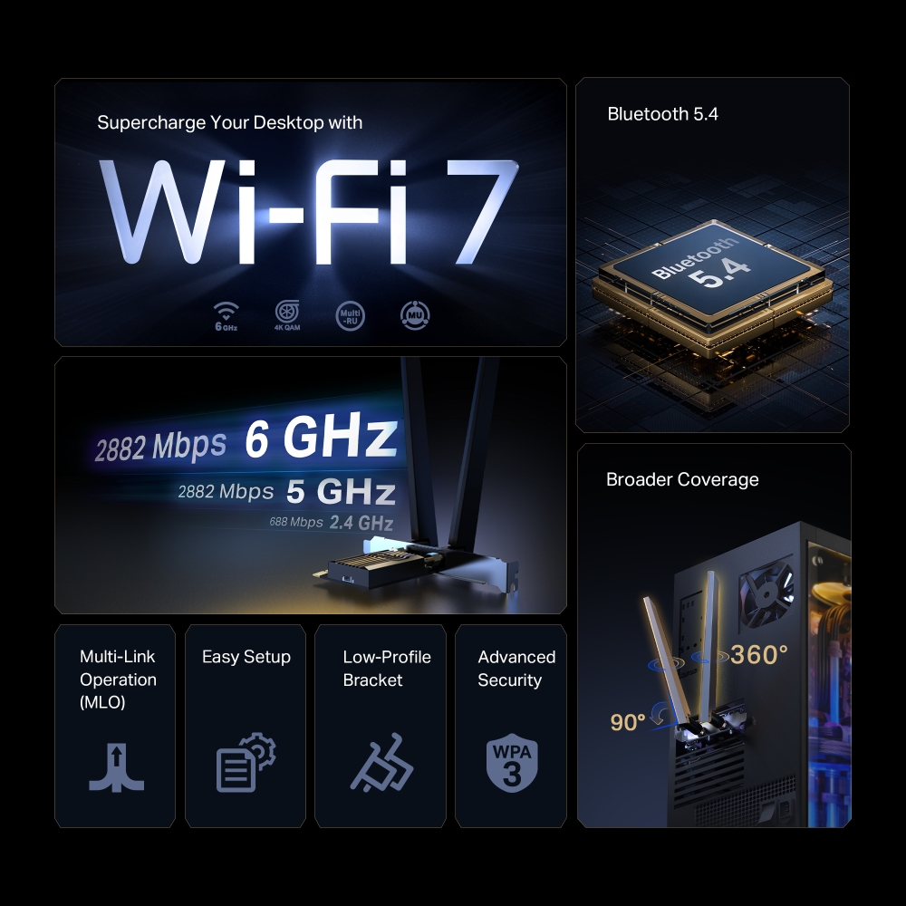 Card mạng PCIe Wi-Fi 7 TP-LINK Archer TBE400E BE6500 Bluetooth 5.4